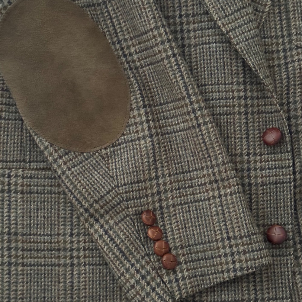 VTG Lands End Tweed Blazer USA 46R Brown Plaid Suede Elbow Patches Dark Academia